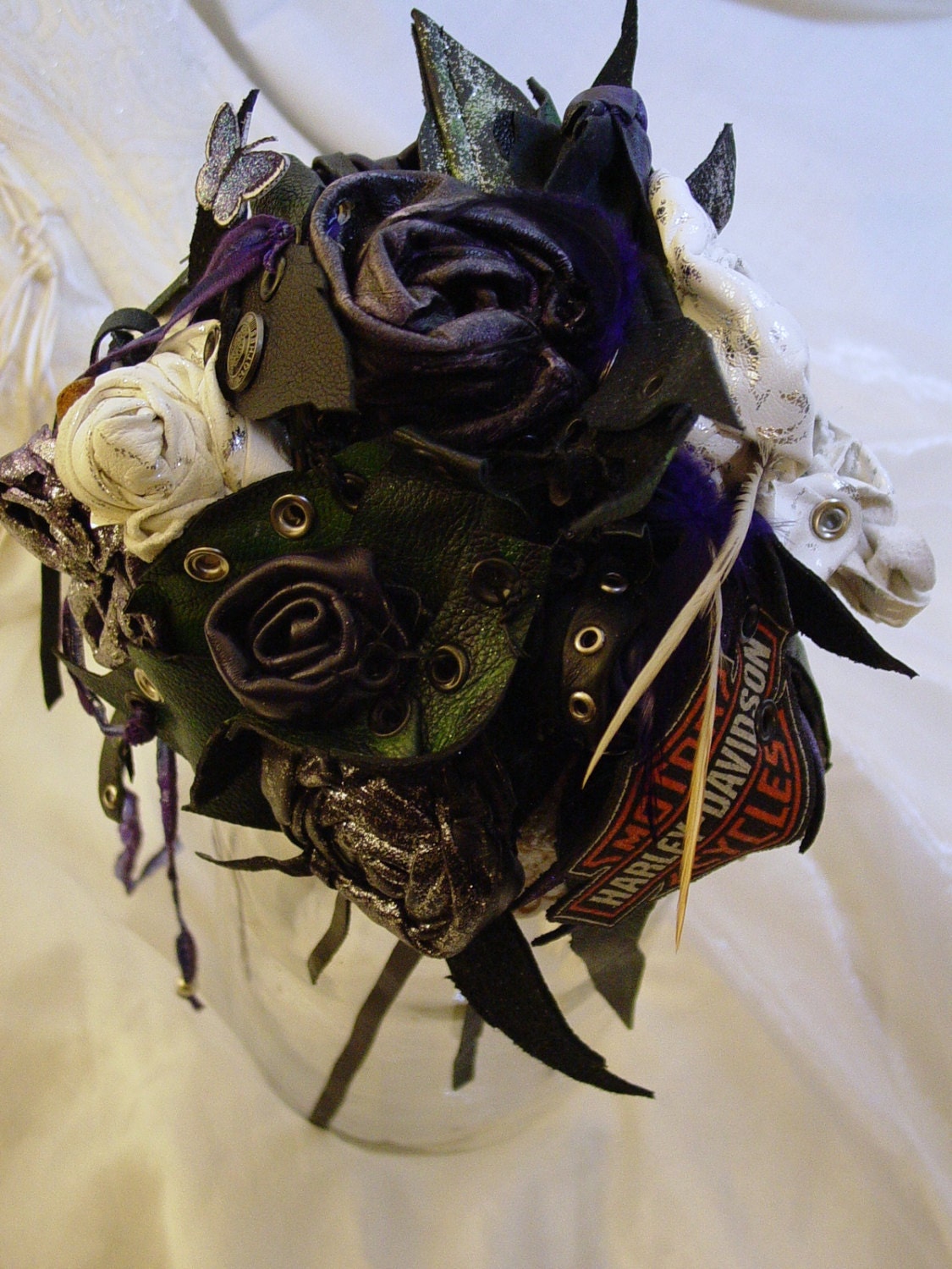 THEME WEDDINGS - Leather BOUQUET(s) - Recycled Leather, Eco-Friendly Weddings - Deposit 100 Dollars, Samples shown are nfs, sold