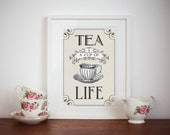 Tea Poster, Vintage Teacup, Quote Print, Kitchen Wall Art, Shabby Chic Decor, Cafe, Typography, Neutral Decor, Tea, Shabby Chic Wall Art