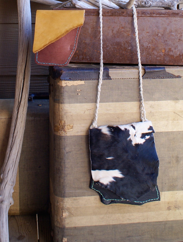 Cow Hide w/hair Cross Body Purse with Mint Green Stitching