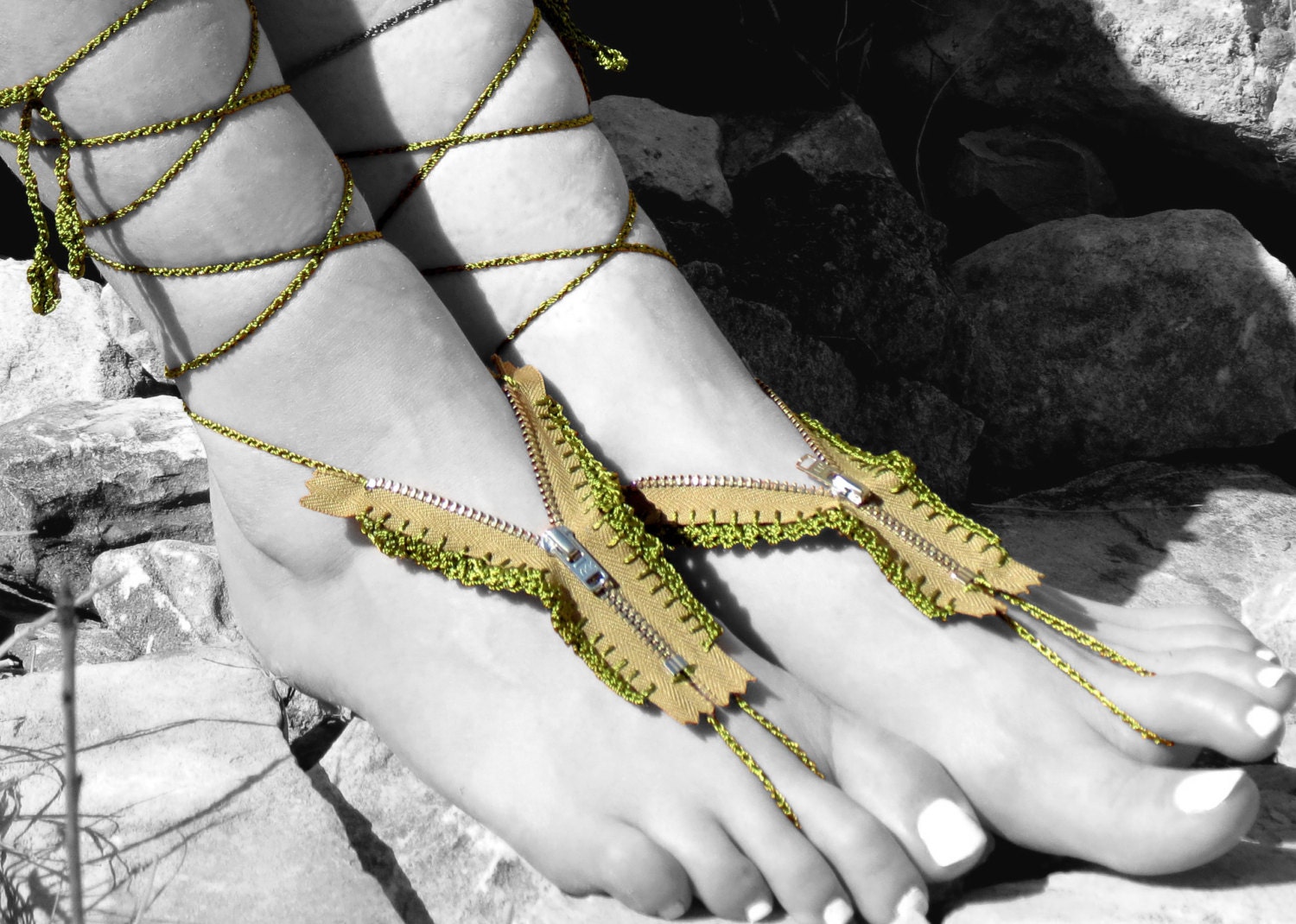 Crochet Barefoot Sandals with zipper, Unique Zipper Sandles, Green Nude Summer Shoes, Beach Foot Jewelry, Gothic Bohemian Hippie Sandals