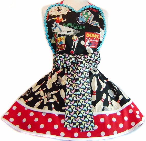 Exclusive "Bowl For Health" Pinup Apron Diner Apron-Only from Tie Me Up Aprons