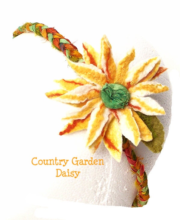COUNTRY GARDEN DAISY Head wrap, LaRiAt, Fibre Art, BoHo, Headband, Sari Silk, Wet Felted, Merino Wool, Organic, Australian Made