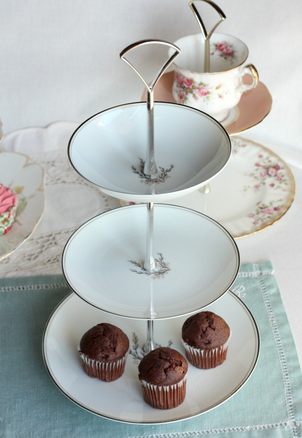Elegant Noritake 3 tier cake stand / cupcake display: lovely fine china plates creating a simple but elegant cake stand