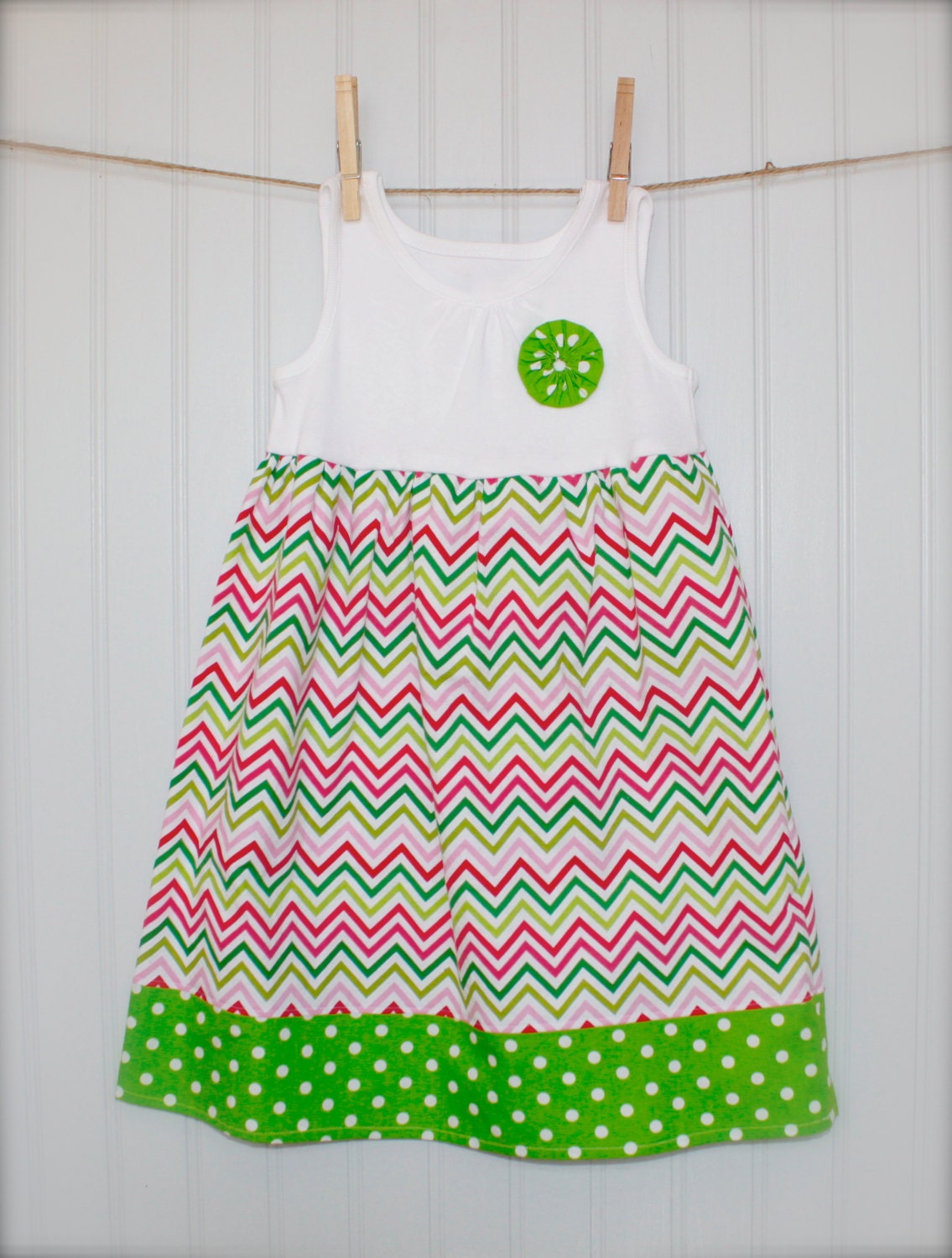 SALE - girls TANK DRESS with contrasting fabric and hand-sewn yo-yo- chevron - sizes 6mo-6