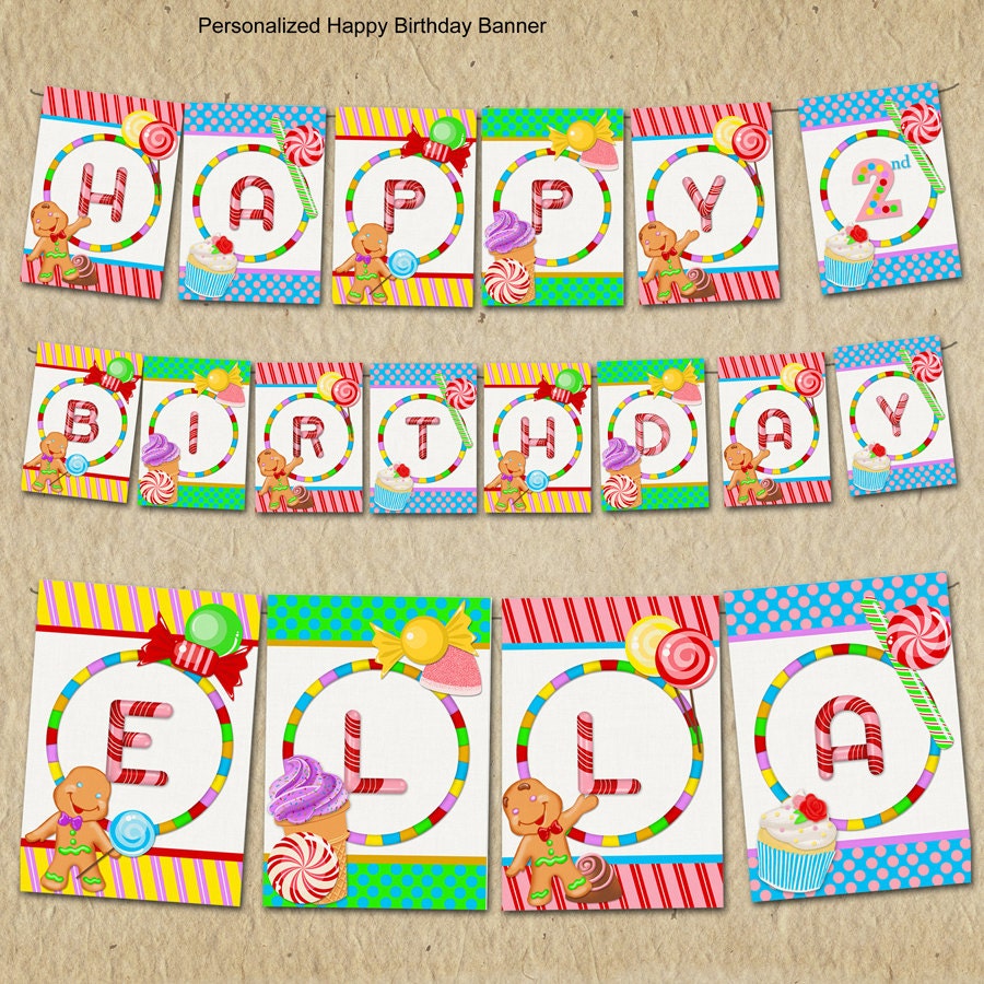 Candy Land Birthday Banner - Candy / Sweet Shoppe - Personalized, Printable designs - Ice cream, Gingerbread man Il_570xn