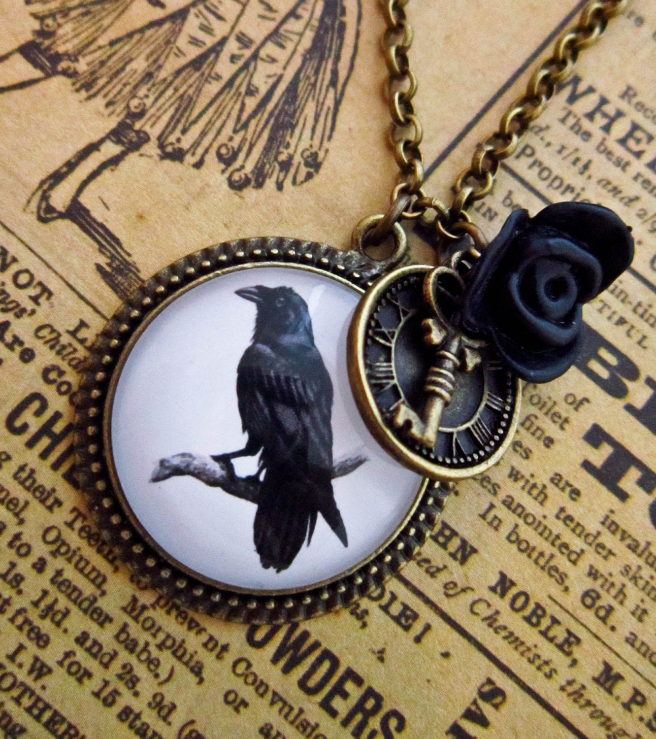 Steampunk Raven Necklace - Gothic Crow Cabochon Photo Jewelry Pendant Halloween