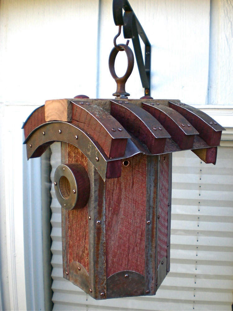 The Bridge: Hexagonal Japanese-Style Birdhouse From Reclaimed Barnwood and Metal Roofing--MADE TO ORDER