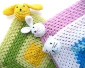 Crochet Comfort Blanket Soft toy Security Blankie Baby lovie COMFORTER Bunny Rabbit Doggy Kitten cuddle blanket