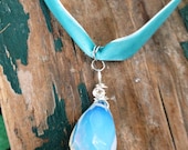 Opalite Choker, Blue Velvet, Silver Wire Wrapped, Peace