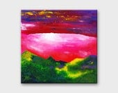 ORIGINAL PAINTING on canvas / Modern Abstract landscape mountains small art / Bright pink green red painting Home decor 10x10 Asta Kundelyte