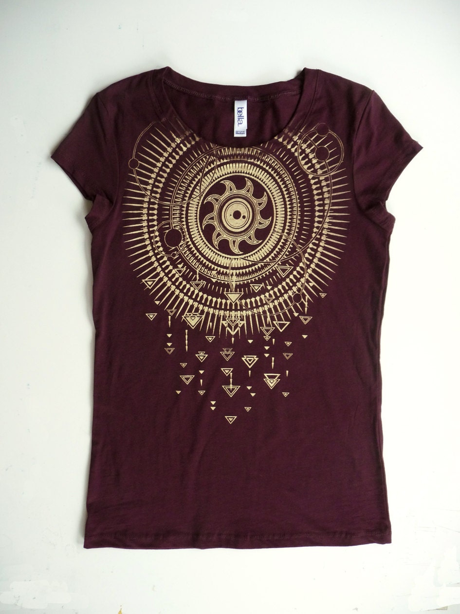 WOMEN'S Solar Storm in Gold on a Plum 100% Cotton Screen Printed T-Shirt