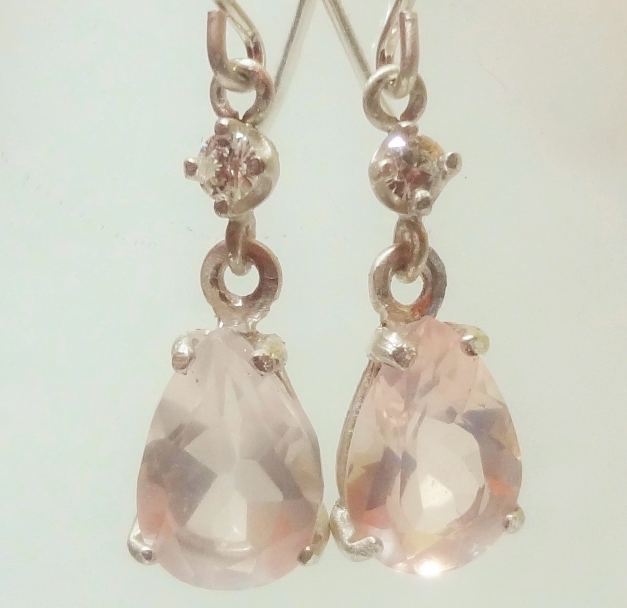 2.5mm Moissanite and 10x8mm Rose Quartz Teardrop Sterling Silver Dangles