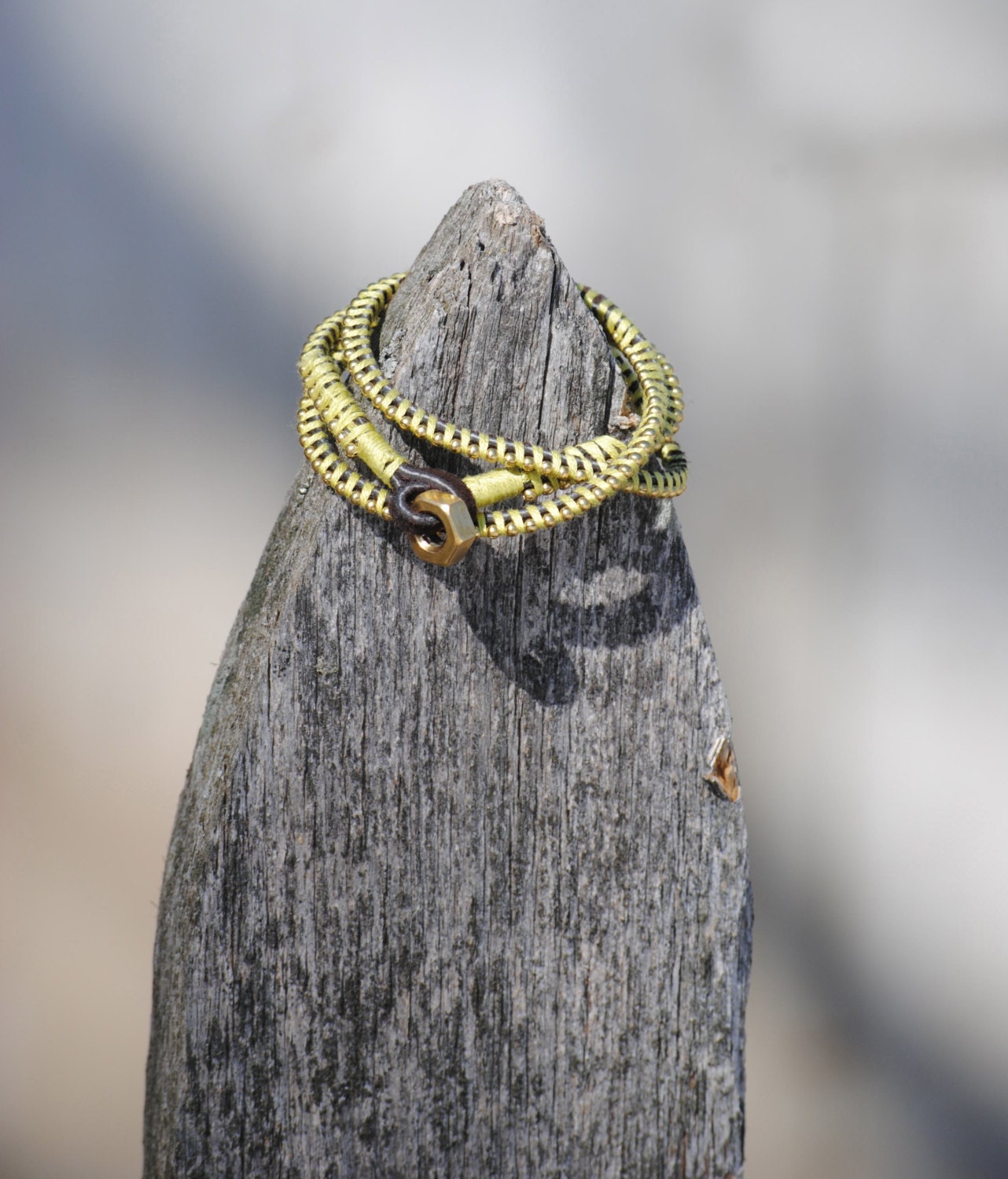 Chartreuse beaded leather wrap bracelet