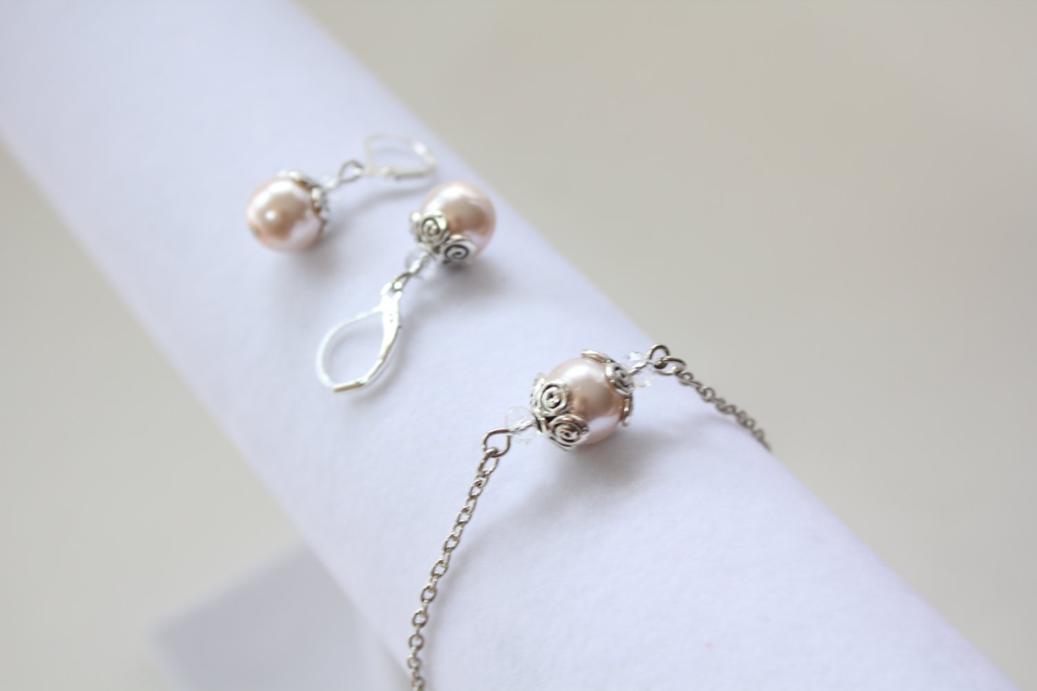 Pearl Necklace, Earrings, Bracelet Set - Pale Pink - Bridesmaid Jewelry - Prom