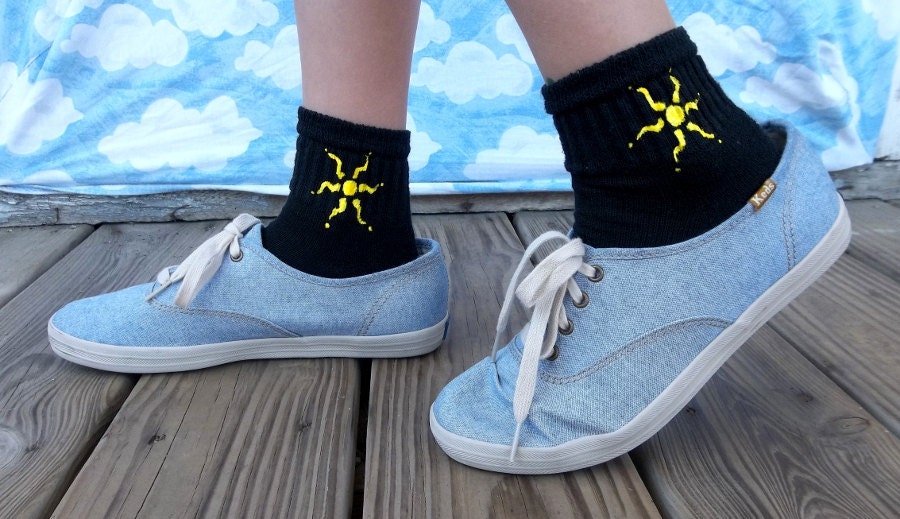 a "Summer Sunshine" - Hand Painted Black Socks for Bigger Feet: Simple Tribal Sun (kid large/xl - women's xs/small)