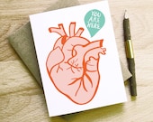 You Are Here Card anatomical heart illustration drawing i love you thinking of you condolences stationery hand lettered pink red teal