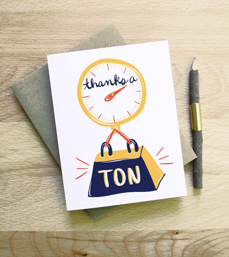 Thanks a Ton card cute funny clever illustration calligraphy typography handwriting thank you scale gold white navy blue red yellow