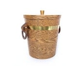 Vintage Ice Bucket Mid Century Modern Brown Gold Teak Wood Brass Aluminum Wine Champagne Cooler Serving Party Barware