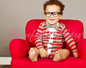 Cardigan and Bow Tie Onesie Set - Red Stripes with Grey Polka Dot Bow Tie