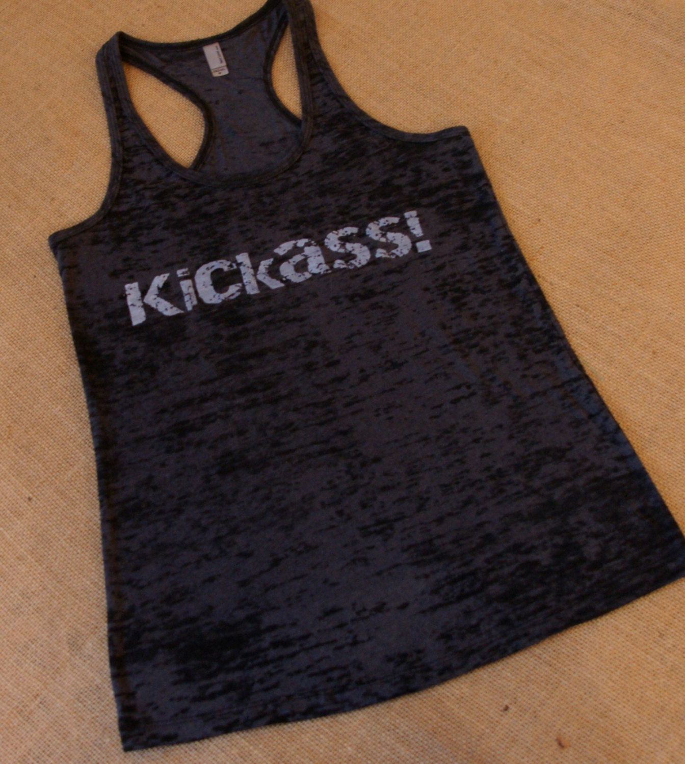 Kickass. Tank top. Racerback. Size S-2XL. Burnout. Black. Exercise. Soft. Women. Workout. Fitness. Inspire. Quote.