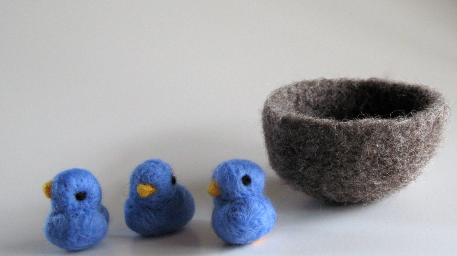 blue birds of happiness nest needle felted wool set of three bluebirds all natural toy - hudsonvalleyhome