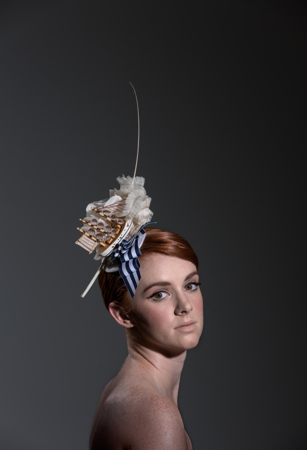 Cream Navy Nautical Sailboat Feather Fascinator Hat Rockabilly Burlesque Pin Up
