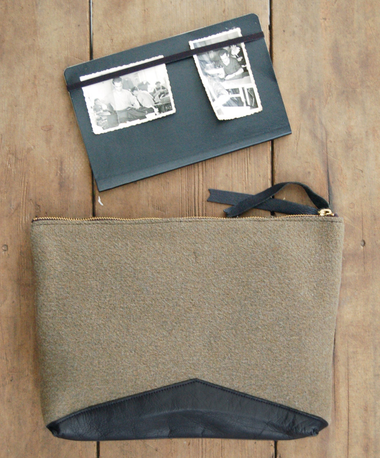 Elsie - army green wool & leather clutch