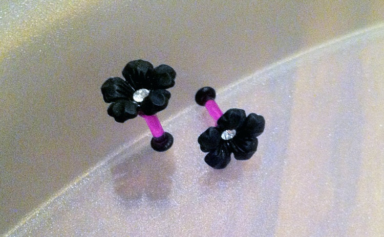 10G Black Camellia Flower Plugs with Swarovski Crystal - Girly gauges