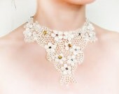 cream lace necklace - steampunk bib - bridal wedding choker charms Fabric jewelry gift
