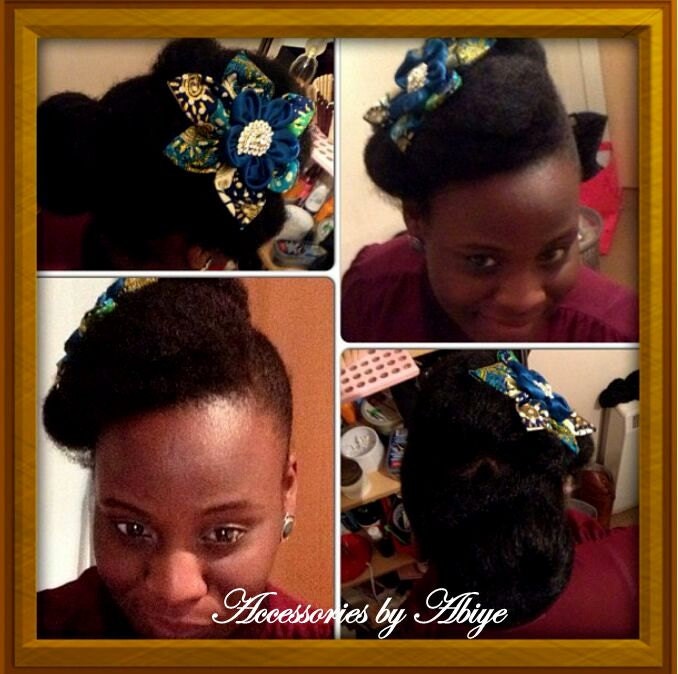Natural Hair accessories Ankara fabric women's duo brooch and hair clip or hairband (Green, turquoise and gold)