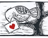 The Gift, Hand Pulled Lino Relief Greeting Card, Bird, Printmaking Original