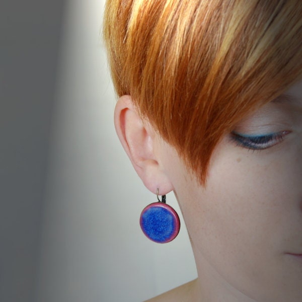 Ceramic earrings navy blue circle- earrings,french earwires hook ,ceramic, glazed, brass antique, bronzed, cobalt,jeans,pink