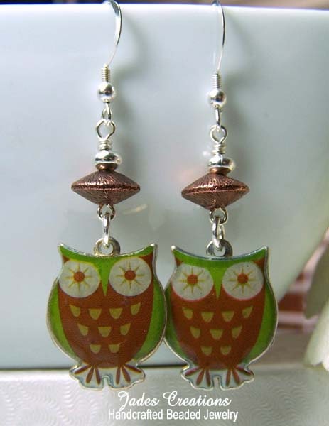Owl Earrings, Silver and Copper Owl Beaded Earrings, Handcrafted Beaded Jewelry