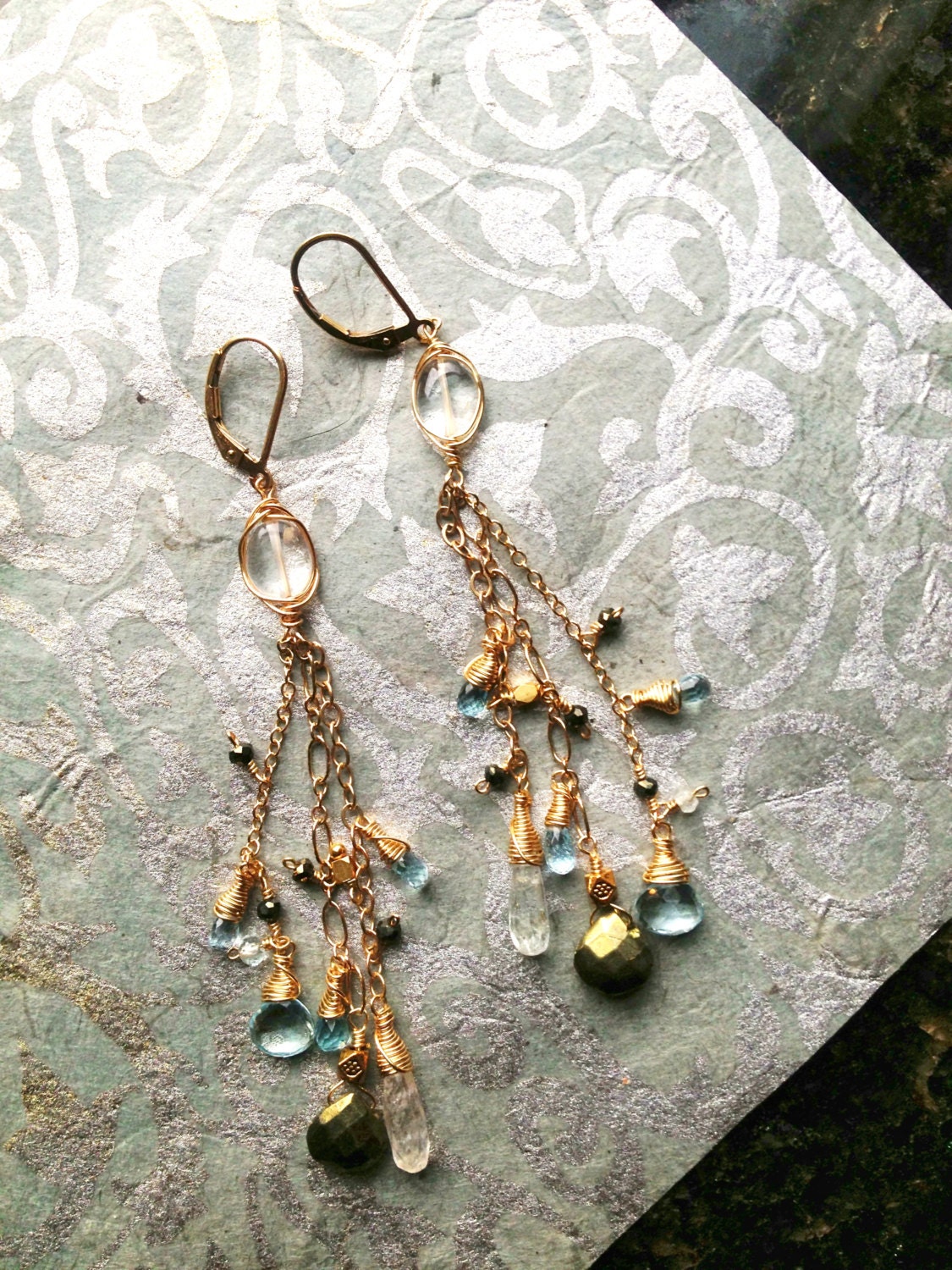 Gold Filled Wire Wrap Crystal Quartz on Gold Filled Lever Backs, Pyrite and Blue Topaz, Bridal, Bridesmaid, dangling, long Earrings