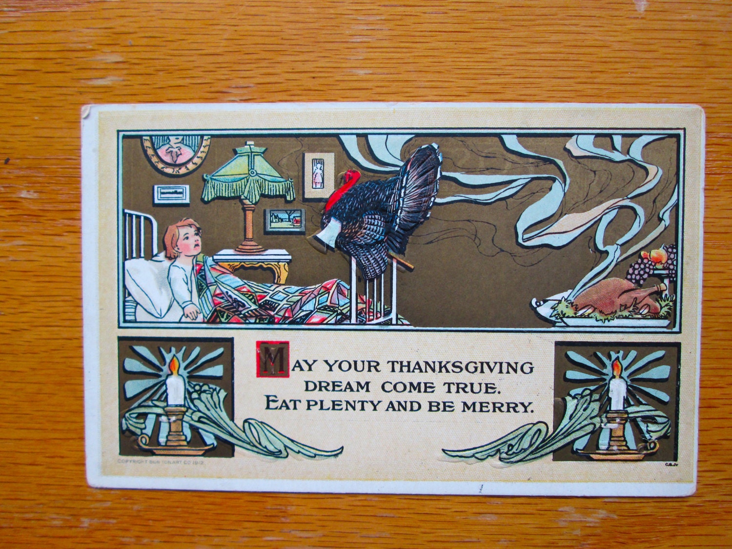 1912 BonTon Art Thanksgiving Postcard macabre nightmare turkey with ax