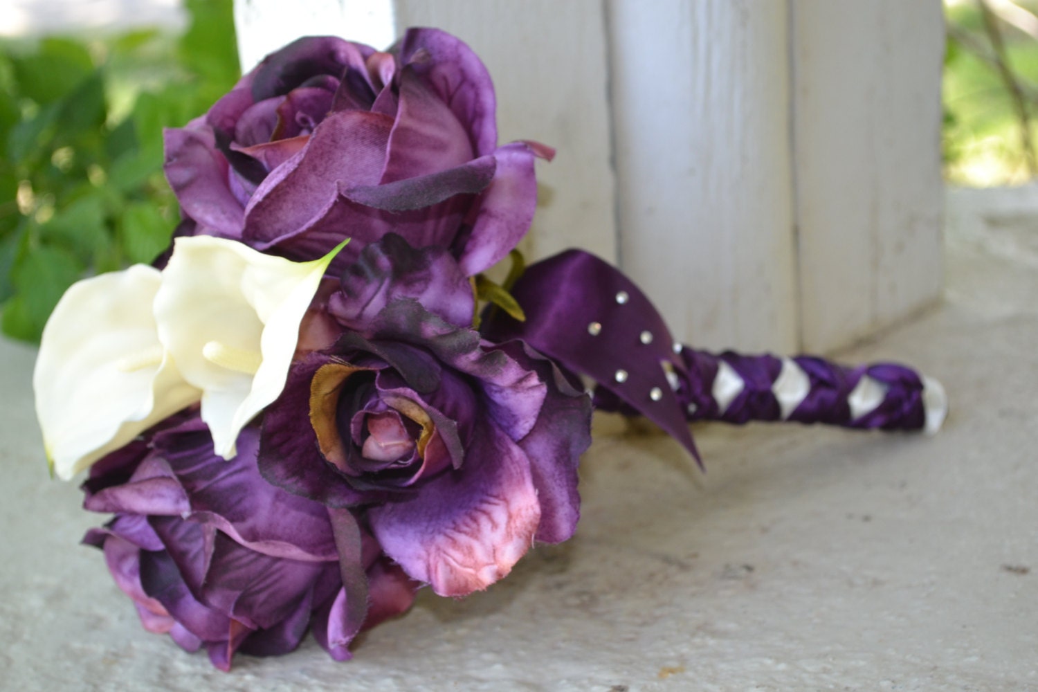 Keepsake Bridesmaid Bouquet Vintage White Calla Lillies Chic Garden Wedding Purple Rose Lily Bride Corsage Boutonniere Destination