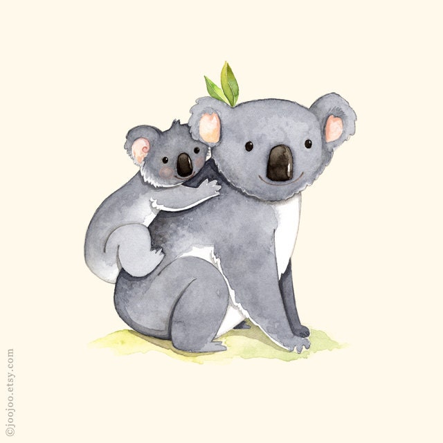 kids room art, Alphabet animals, Watercolor painting, Koala print, 8x10, Mother and baby koala, K is for Koala, Koala illustration