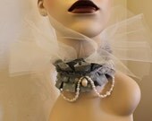 Evening at the Opera Collar - Brocade Silk collar in Duck Egg Blue and Metallic Gold Thread with Tulle Ruff Decorated with Vintage Pearls