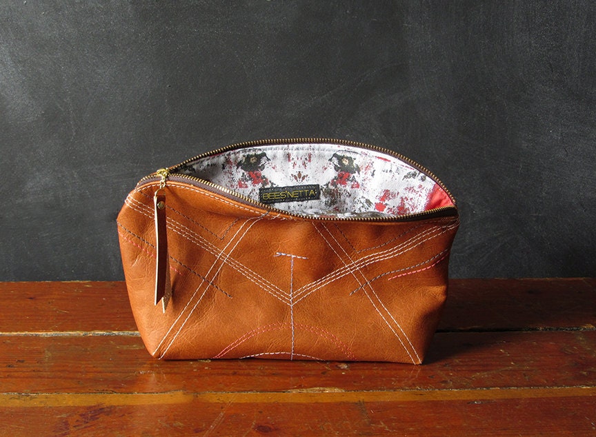 10inch Embroidered Eco Leather Zipper Pouch.  one of a kind.