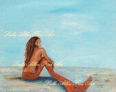 Mermaid Painting Acrylic Mermaids Fantasy Ocean Beach Ocean Sea Original Painting "Captivating Copper Mermaid" Leslie Allen Fine Art