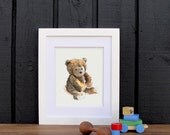 bashful stuffed teddy bear nursery art : print of original watercolor