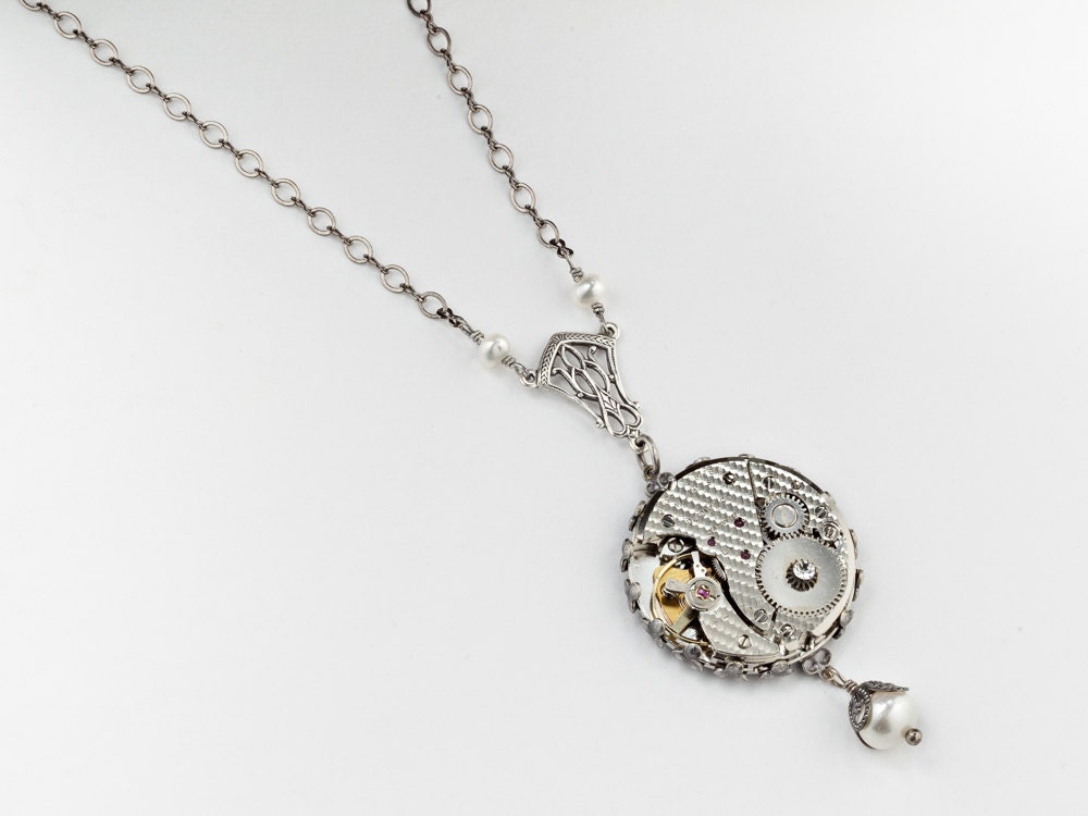 Steampunk Jewelry Steampunk Necklace vintage watch movement gears pearls Swarovski crystal silver flower filigree Neo Victorian pendant 1934