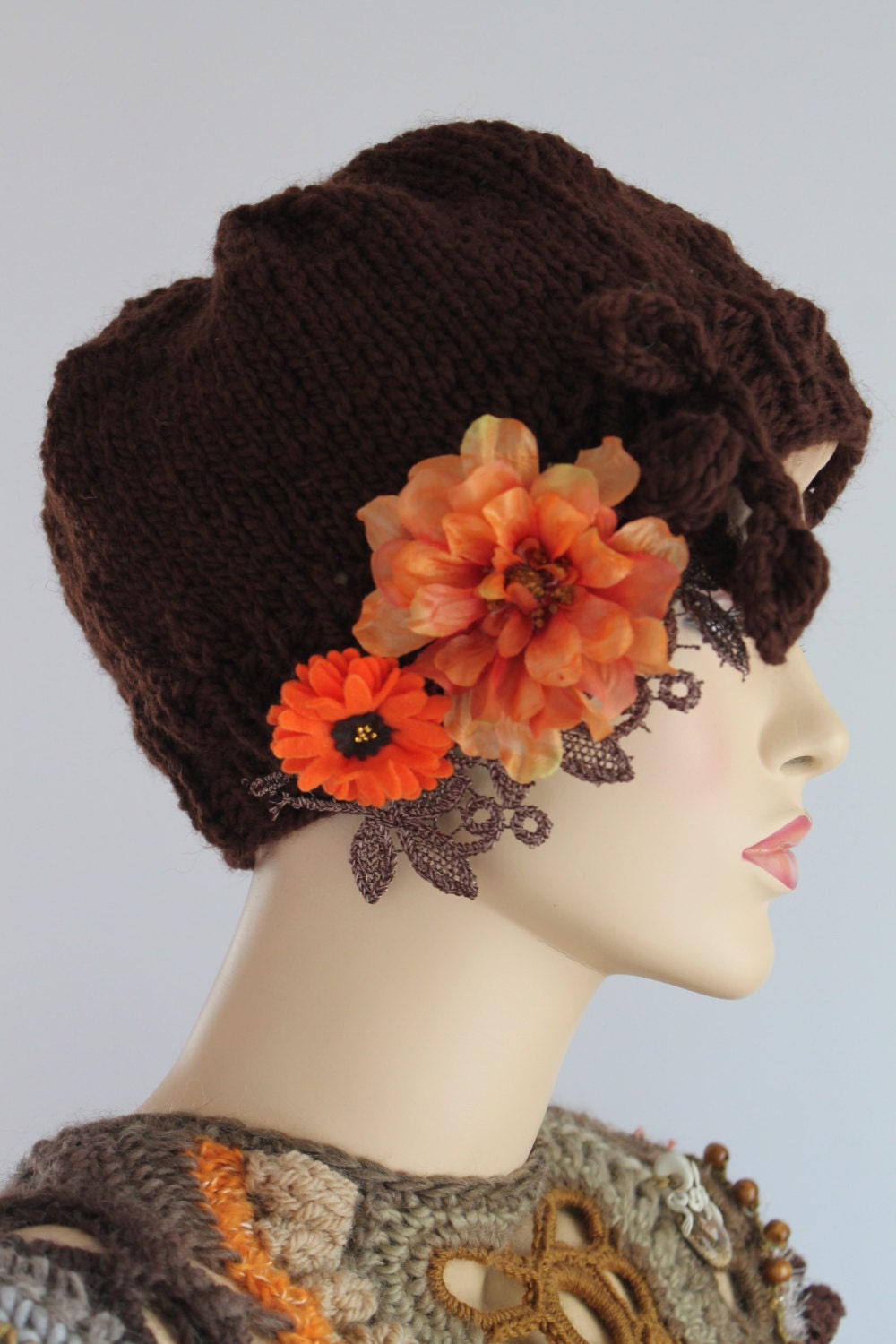 Hand Knitted  brown hat  - Winter Accessories -Wearable Art