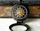 Steampunk Pocket Watch Mechanical Movement Black Gunmetal & Magnifying Cover, Black w Copper  Roman Numerals,  Groomsmen gift