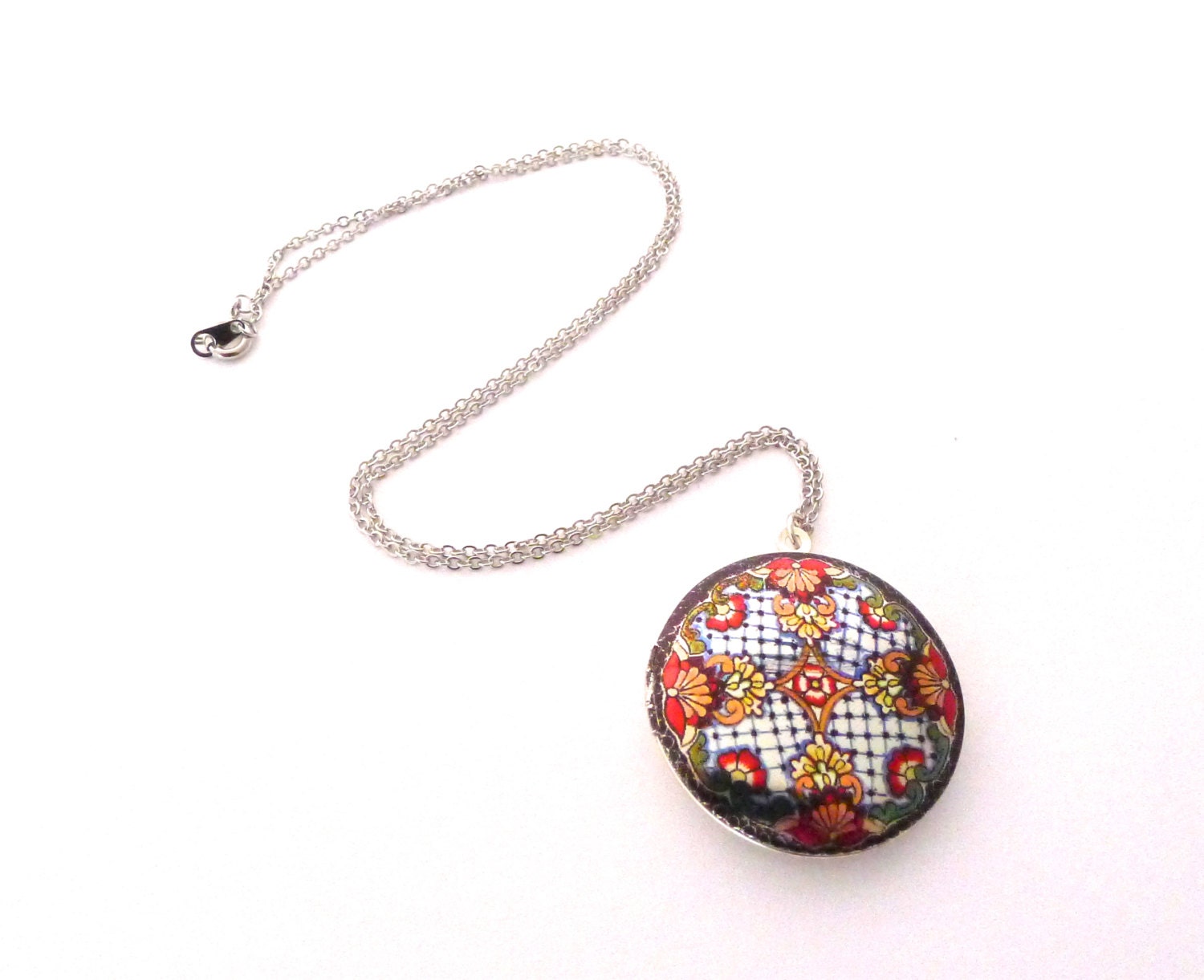 Floral Graphic on Silver Locket, 18 inch silver plated chain, Red Orange Yellow Flowers, Photo Holder, Handmade Jewelry