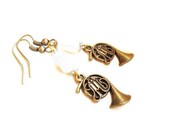 FRENCH Horn Earrings, Music Earrings. Steampunk Antique Brass,white tear drop pearls