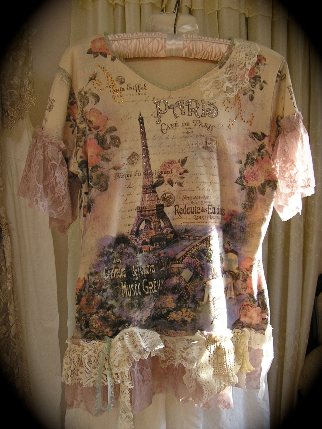 Paris Cottage Top, shabby layered laces, romantic French garden chic, cremes lavenders LARGE
