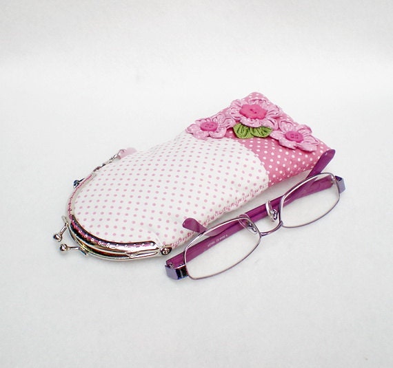 Tiny Pink Dots Glasses Case, Reading Glasses Case, Metal Frame Purse