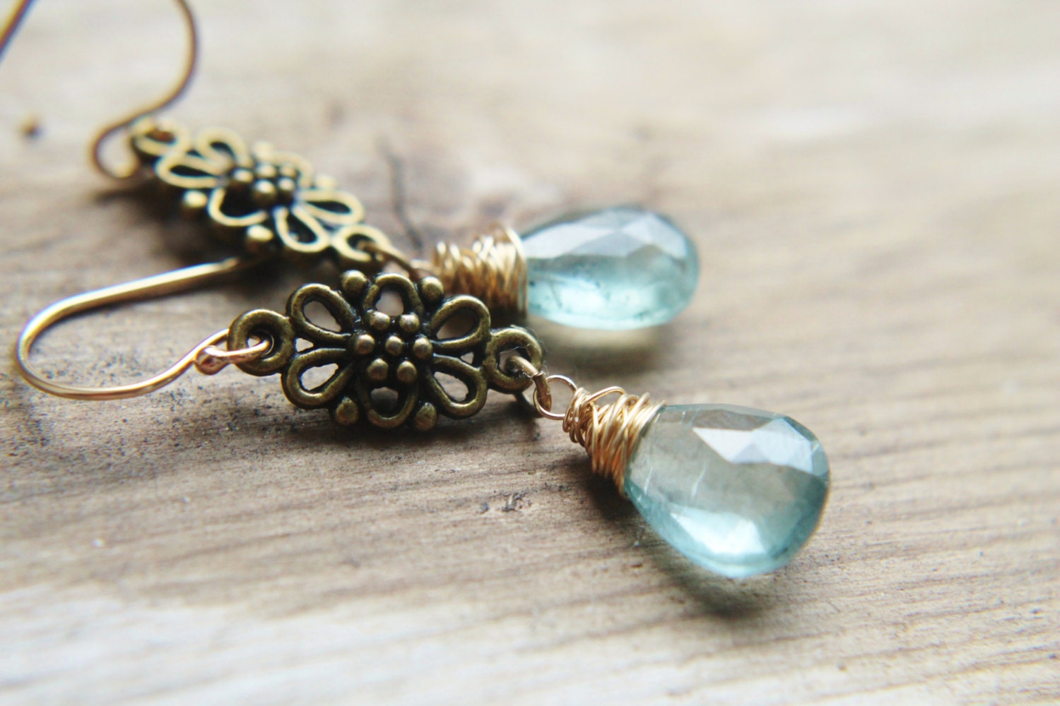 Moss Aquamarine Earrings - Teal Blue Gemstone Dangle 14k Gold Fill Handmade Flower Jewelry Gifts for Her.