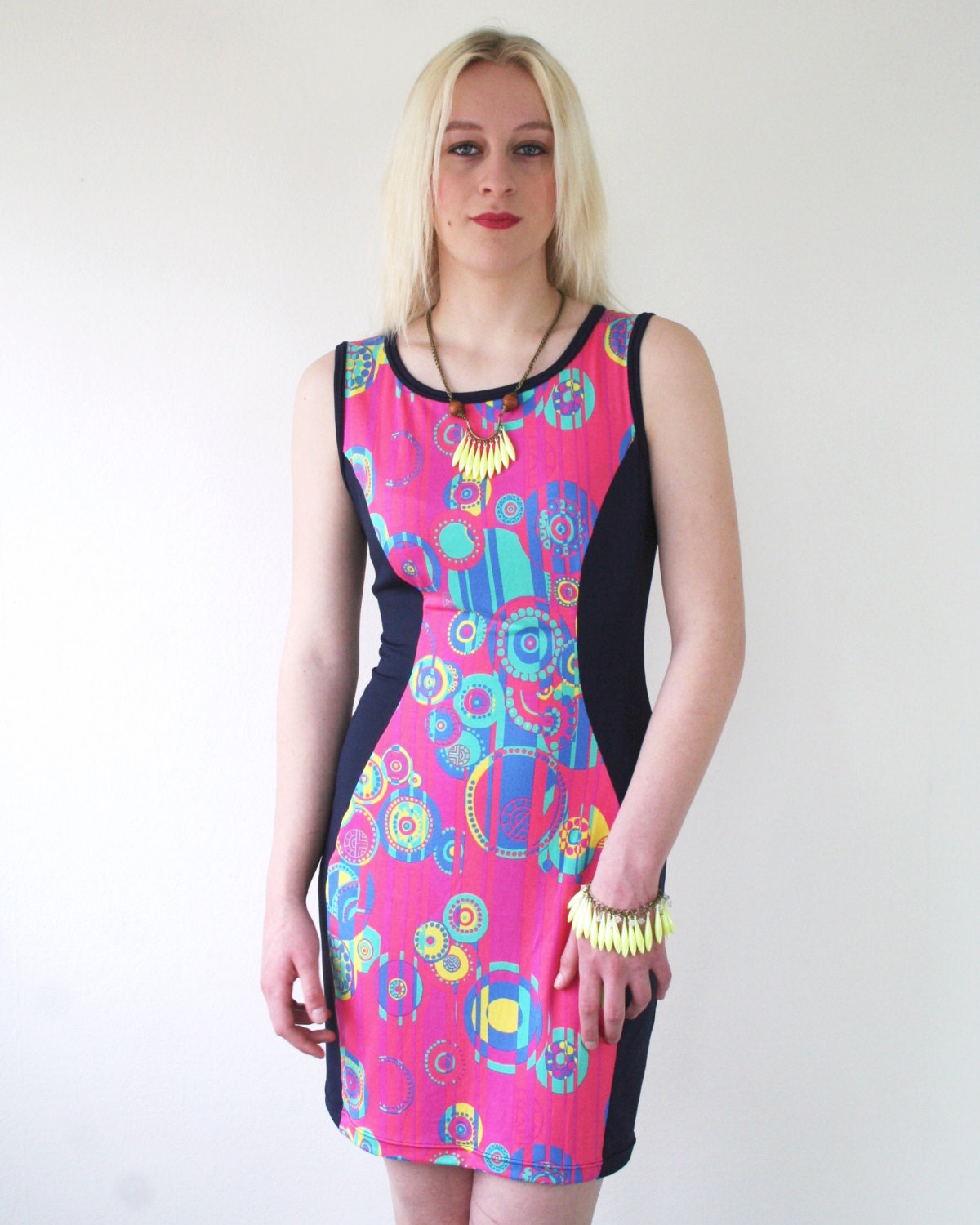 KAJKA mini dress in mod print, stretch jersey and lycra body con dress, slip in women's dress in navy blue pink green blue yellow